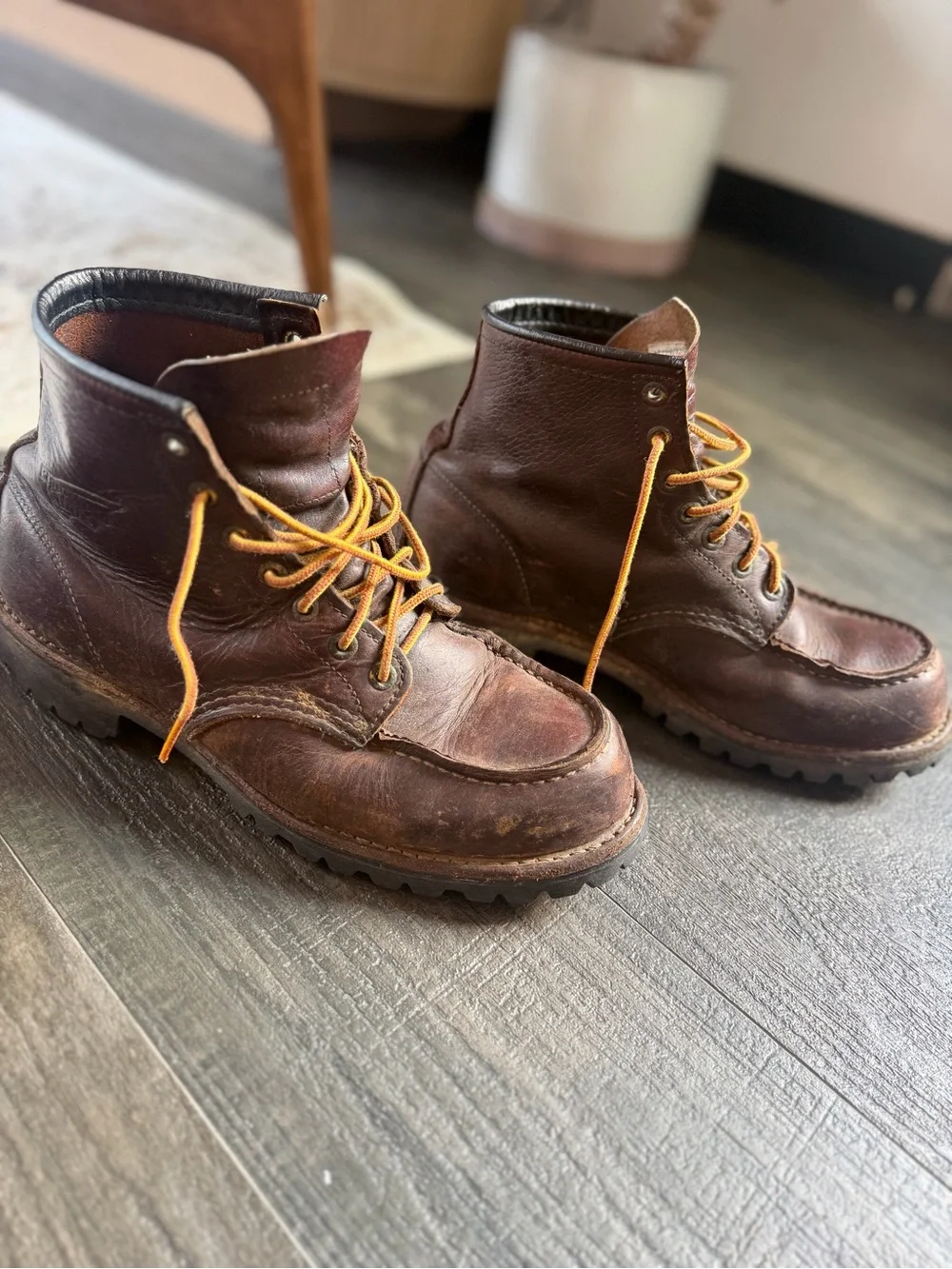 Red Wing Classic Brown Leather Men’s Work Boots with Yellow Laces